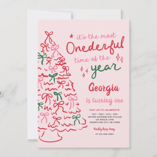Invitation Most Onederful Coquette Bow Christmas 1st Birthday (Devant)