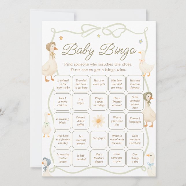 Invitation Mother Goose Baby Shower Find the Guest Bingo Game (Devant)