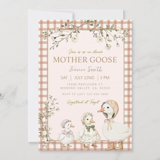 Invitation Mother Goose Baby Shower Gender Neutral (Devant)