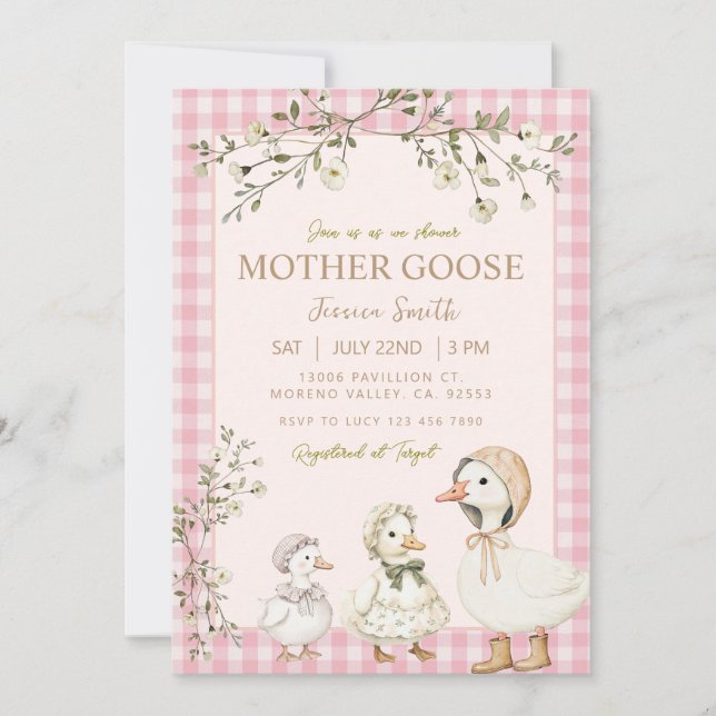 Invitation Mother Goose Baby Shower Pink Girl (Devant)