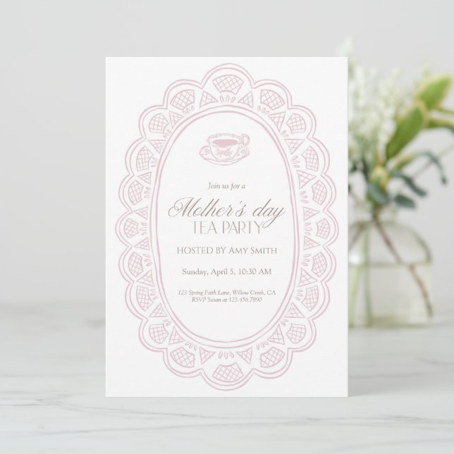 Invitation Mother’s Day Tea Party Pink Lace Doily Frame (Debout devant)