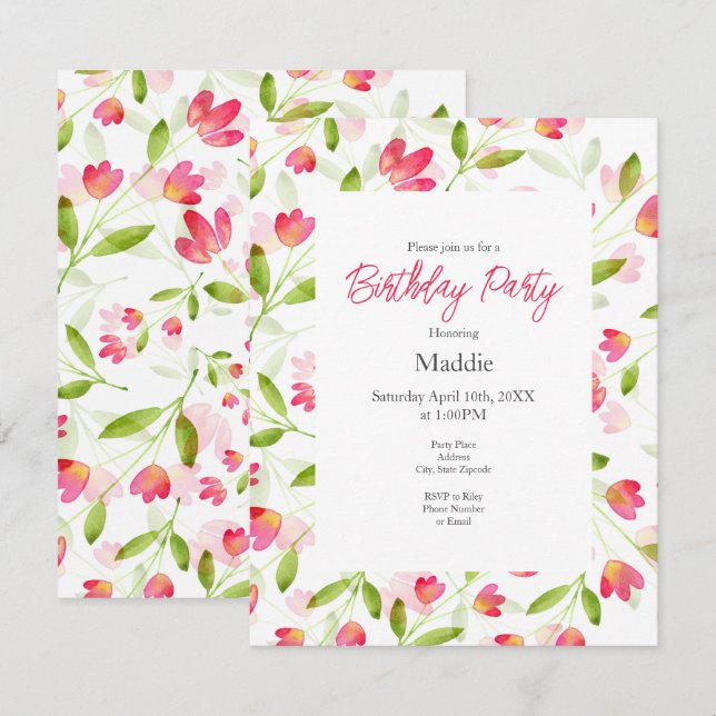 Invitation Motif à trois coraux rose aquarelle (Devant / Derrière)