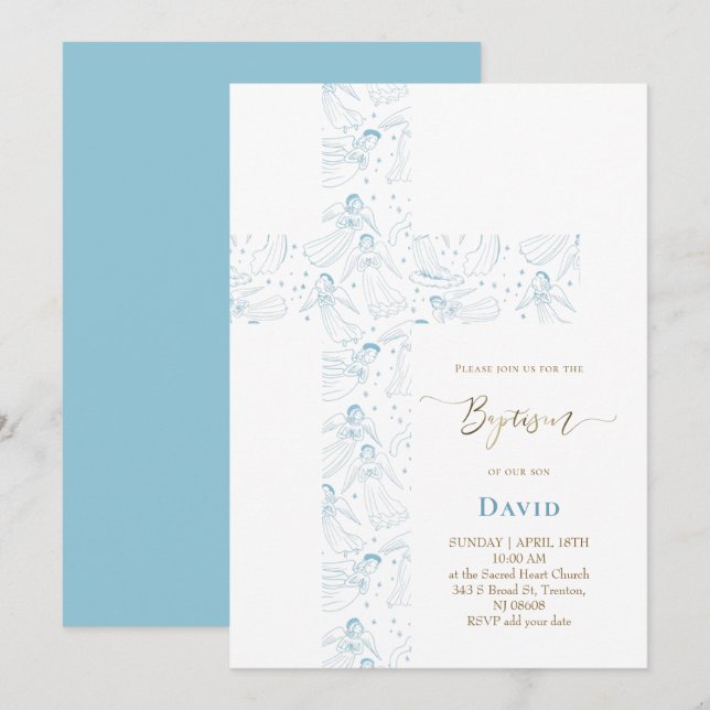 Invitation motif anges bleus baptême Sainte-Croix (Devant / Derrière)