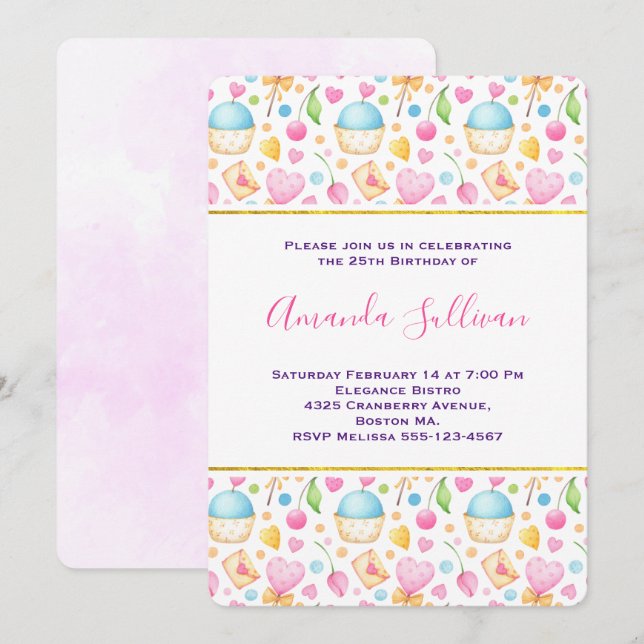 Invitation Motif aquarelle délectable de cœurs et d'amour (Devant / Derrière)