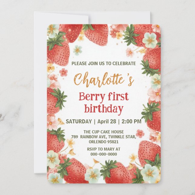 Invitation Motif arc-en-ciel de fraises mignonnes 1er anniver (Devant)