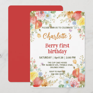 Invitation Motif arc-en-ciel de fraises mignonnes 1er anniver