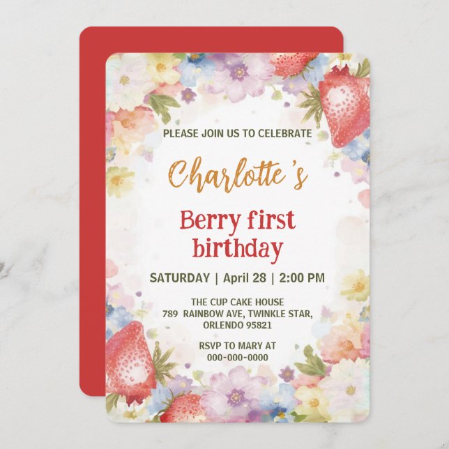 Invitation Motif arc-en-ciel de fraises mignonnes 1er anniver (Devant / Derrière)