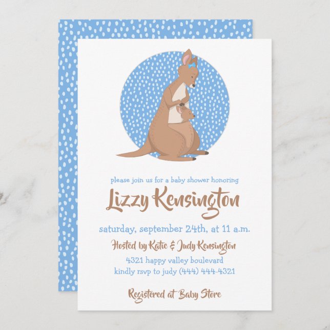 Invitation Motif bleu Baby shower Kangaroo (Devant / Derrière)