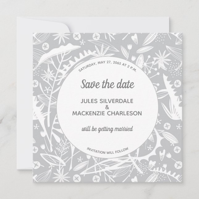 Invitation Motif Botanique Silver Grey Enregistrer la date (Devant)