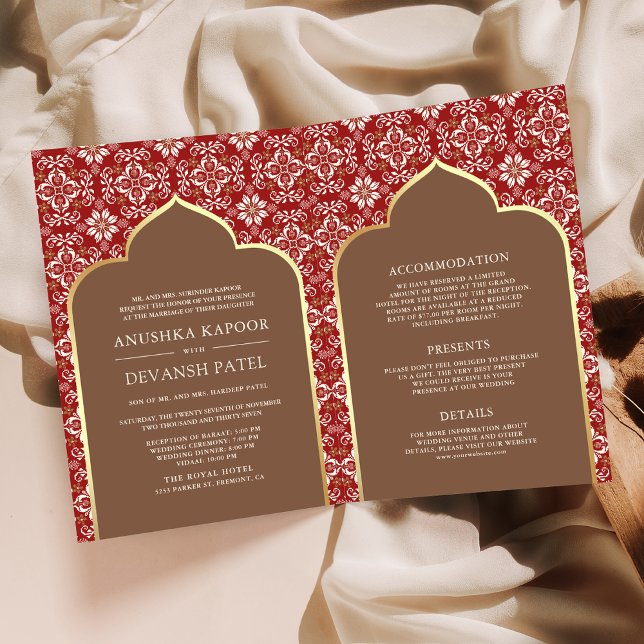 Invitation Motif Brown rouge tout en un Mariage indien (Créateur téléchargé)