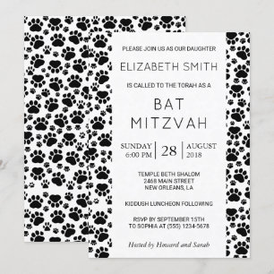 Invitation Motif brut, pattes, noir et blanc, Bat mitzvah