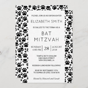 Invitation Motif brut, pattes, noir et blanc, Bat mitzvah