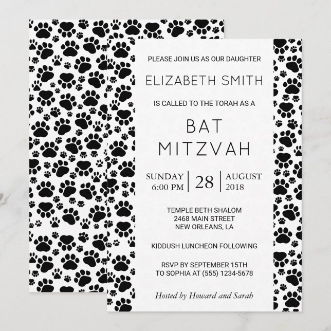 Invitation Motif brut, pattes, noir et blanc, Bat mitzvah (Devant / Derrière)