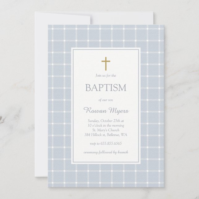 Invitation Motif carreauté texturé raffiné pour baptême garço (Devant)