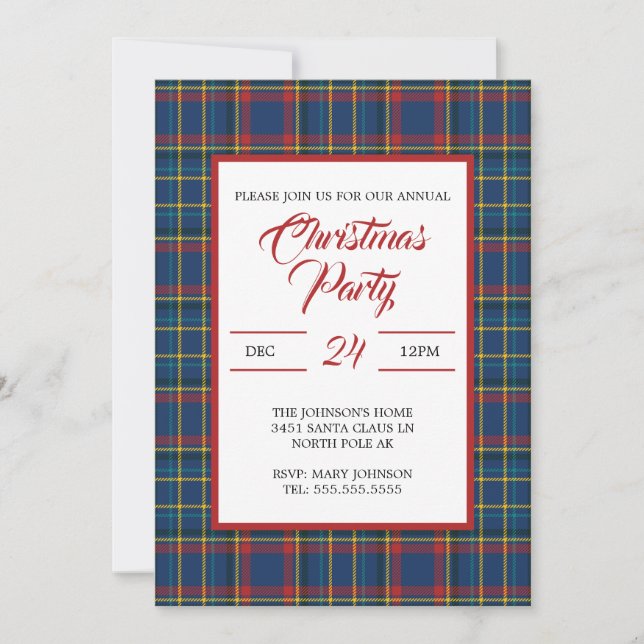 Invitation Motif carreaux bleu royal, rayures rouges et turqu (Devant)