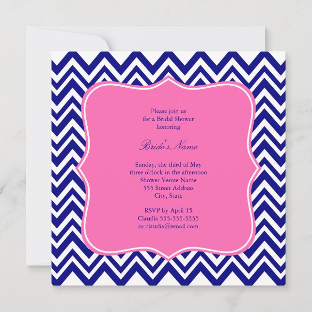 Invitation Motif Chevron bleu Monogram Navy avec rose chaud (Devant)