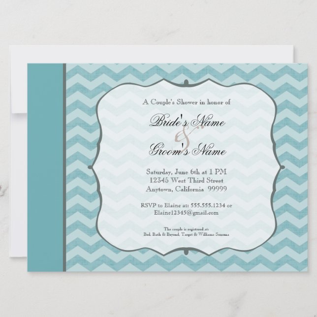 Invitation Motif Chevron Cadre  Douche Couple Turquoise (Devant)