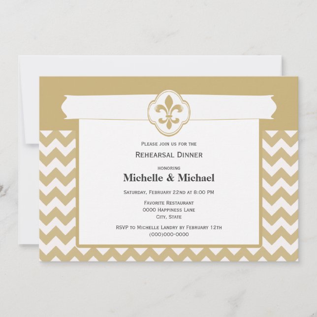 Invitation Motif Chevron Fleur de Lis Événement Or Blanc (Devant)