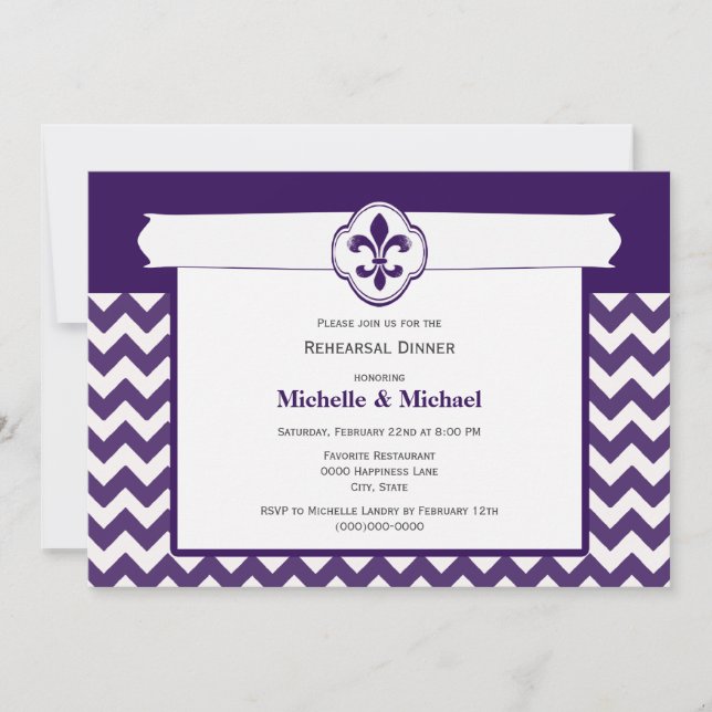 Invitation Motif Chevron Fleur de Lis Événement Violet Blanc (Devant)