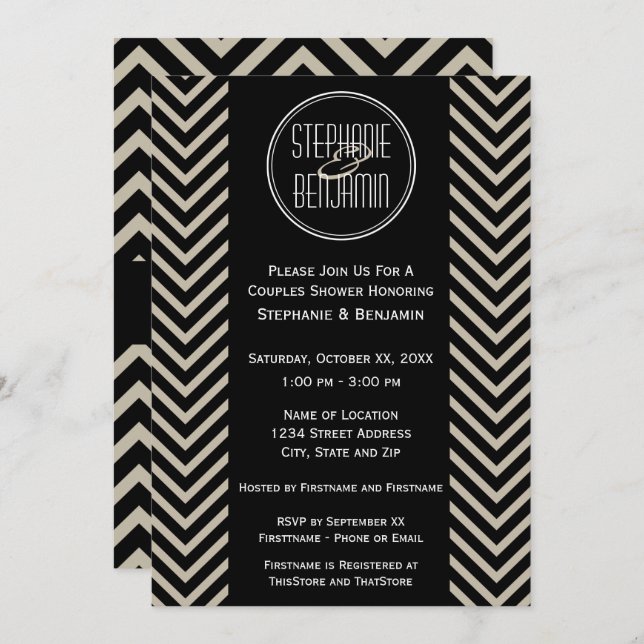 Invitation Motif Chevron noir et beige Art déco (Devant / Derrière)