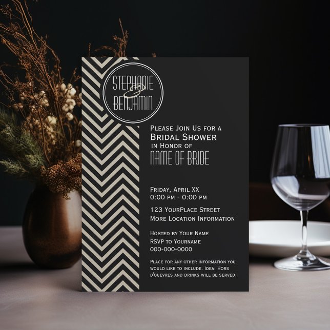 Invitation Motif Chevron noir et beige Art déco (Wedding Shower Invitation - black and taupe art deco)