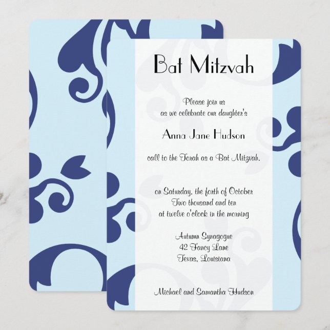 Invitation Motif Damas, Damas bleu, Bat mitzvah (Devant / Derrière)