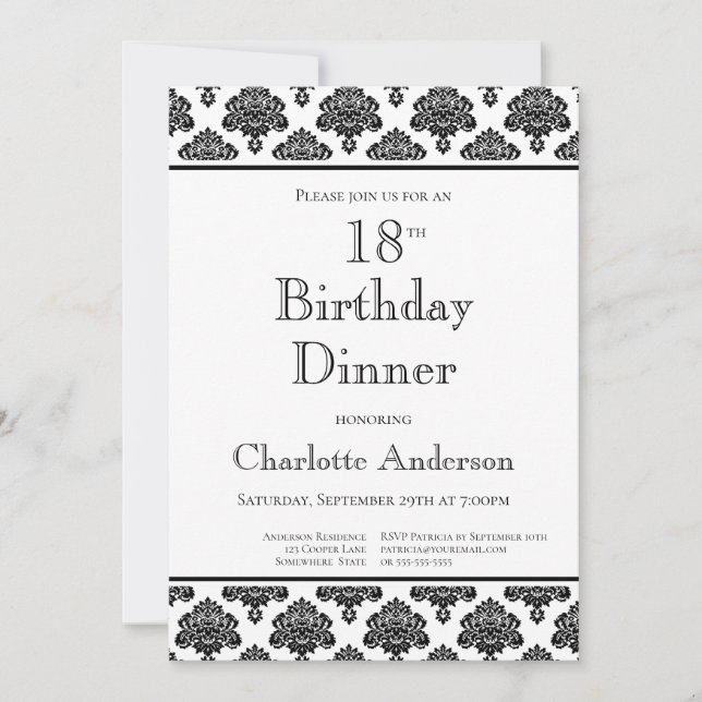 Invitation Motif Damas noir et blanc 18ème anniversaire Dîner (Devant)