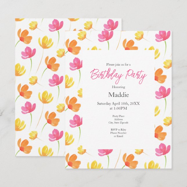 Invitation Motif d'aquarelle rose jaune (Devant / Derrière)