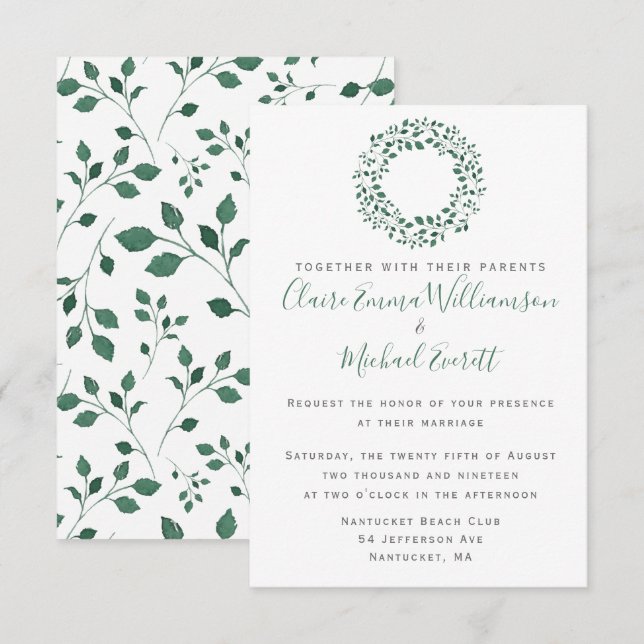 Invitation Motif d'aquarelle vert rustique | MARIAGE (Devant / Derrière)