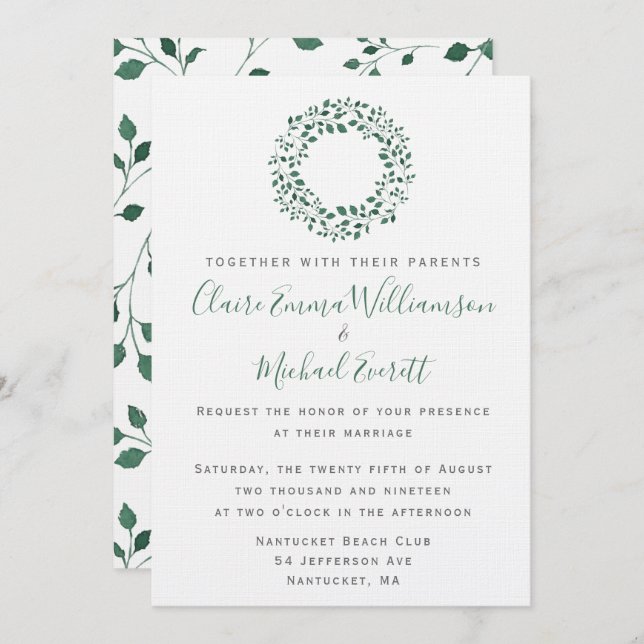 Invitation Motif d'aquarelle vert rustique | MARIAGE (Devant / Derrière)