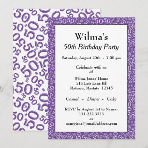 Invitation Motif de 50 nombres aléatoires Violet/Blanc 50ème