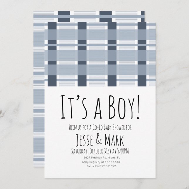 Invitation Motif de Baby shower Plaid bleu C’est un garçon (Devant / Derrière)