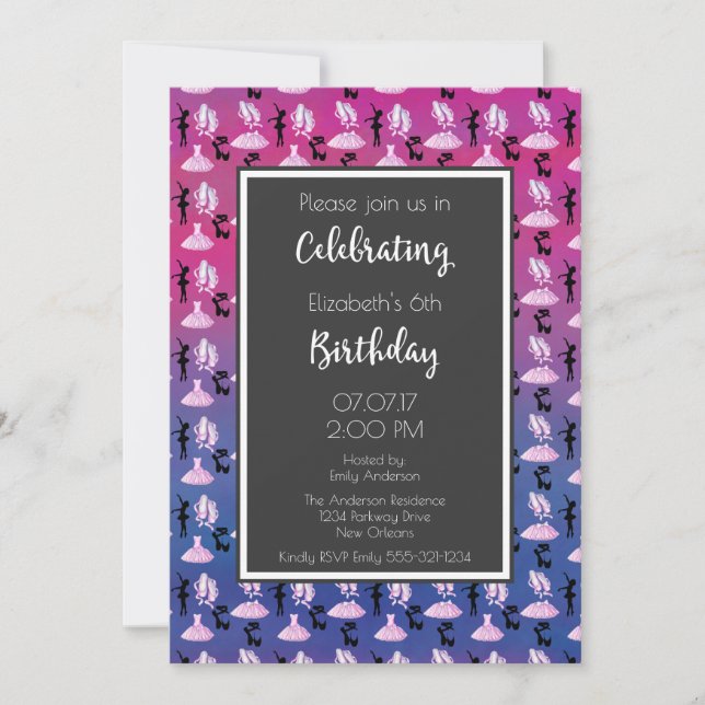 Invitation Motif de ballet pour une fête d'anniversaire rose  (Devant)