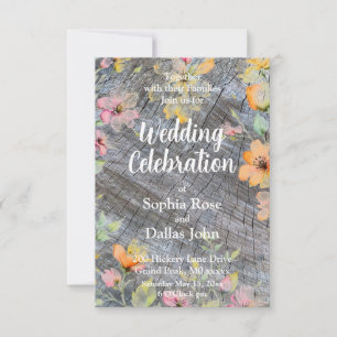 Invitation Motif de bois rustique fleur sauvage rose orange