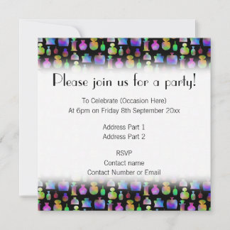 Invitation Motif de bouteilles de parfum colorées.