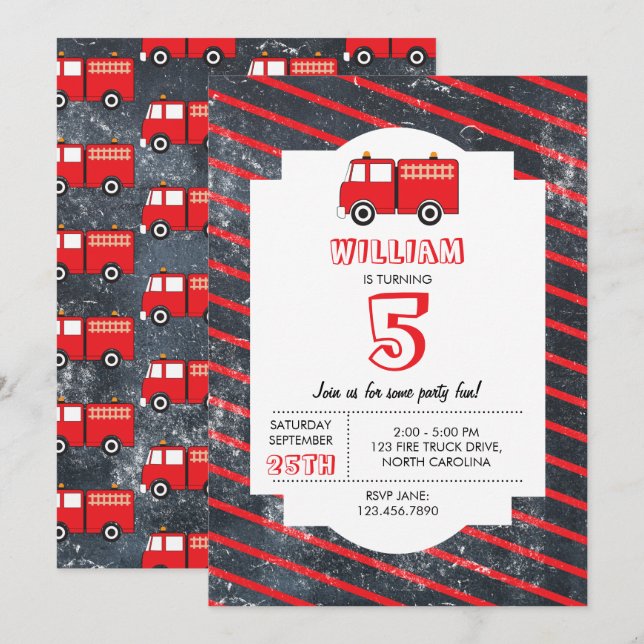Invitation Motif de camion feu rouge Anniversaire (Devant / Derrière)