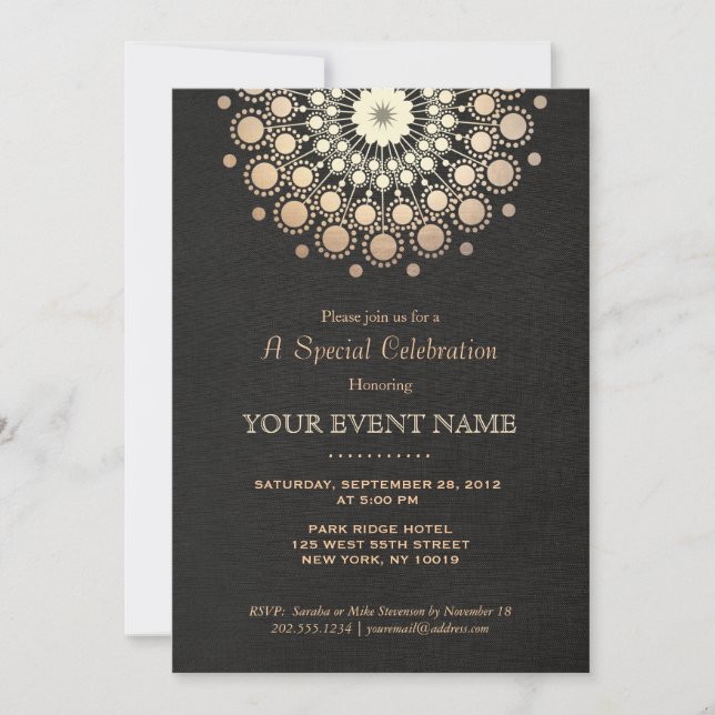 Invitation Motif de cercle or élégant Aspect lin noir Formel (Devant)