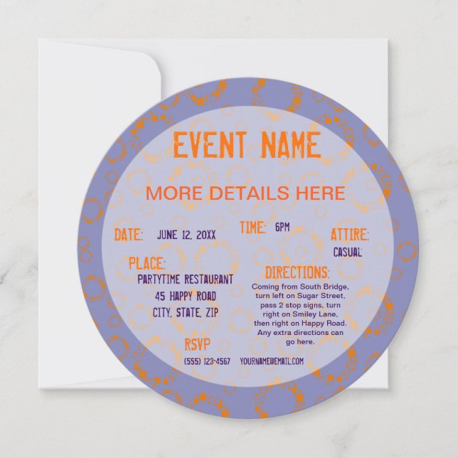 Invitation Motif de cercles carrés violets orange tourbillonn (Devant)