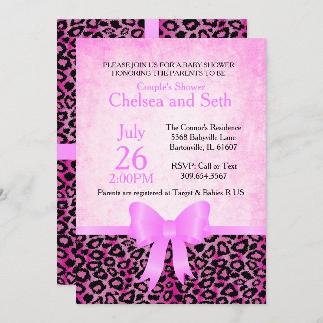 Invitation Motif de chat animal Jaguar| rose| Baby Girl Showe (Devant / Derrière)