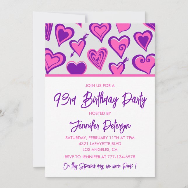 Invitation Motif de coeur rose Glam 93e anniversaire invitati (Devant)