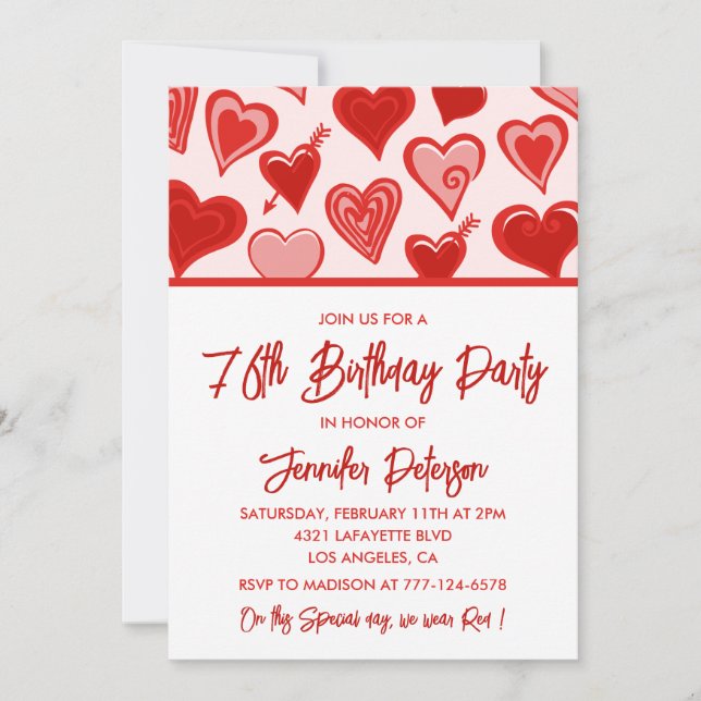 Invitation Motif de coeurs roses rouges mignons 76e anniversa (Devant)