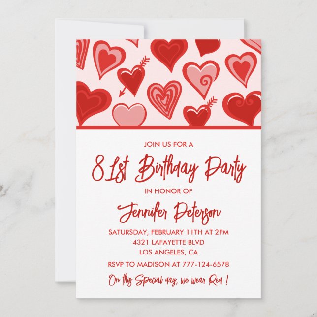 Invitation Motif de coeurs roses rouges mignons 81e anniversa (Devant)