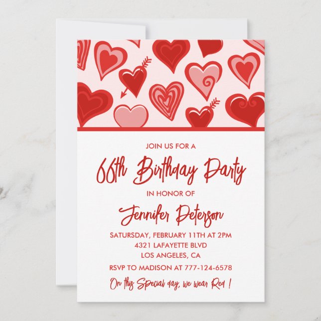Invitation Motif de cœurs rouges roses Simple 66e anniversair (Devant)