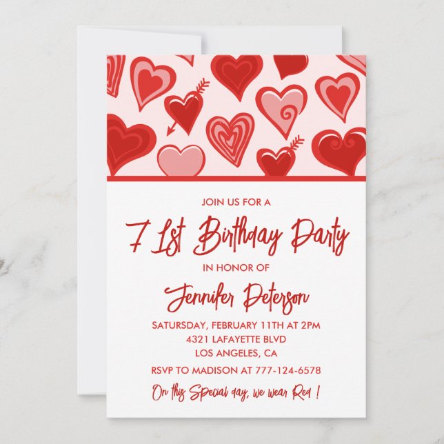 Invitation Motif de cœurs rouges roses Simple 71e anniversair (Devant)
