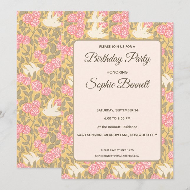 Invitation Motif de colombe florale rose pastel (Devant / Derrière)