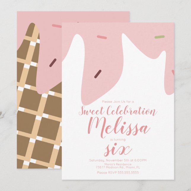Invitation Motif de cône de glace avec des paillettes de conf (Devant / Derrière)