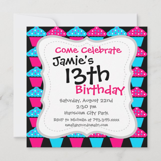 Invitation Motif de Cupcake bleu clair et rose chaud (Devant)