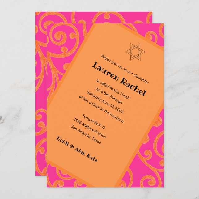 Invitation Motif de défilement bat mitzvah Orange (Devant / Derrière)