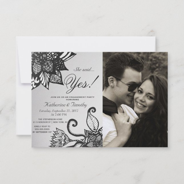 Invitation Motif de dessin floral moderne en noir et blanc (Devant)