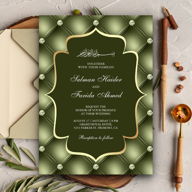 Invitation Motif de diamants touffus vert olive pour mariage  (Créateur téléchargé)